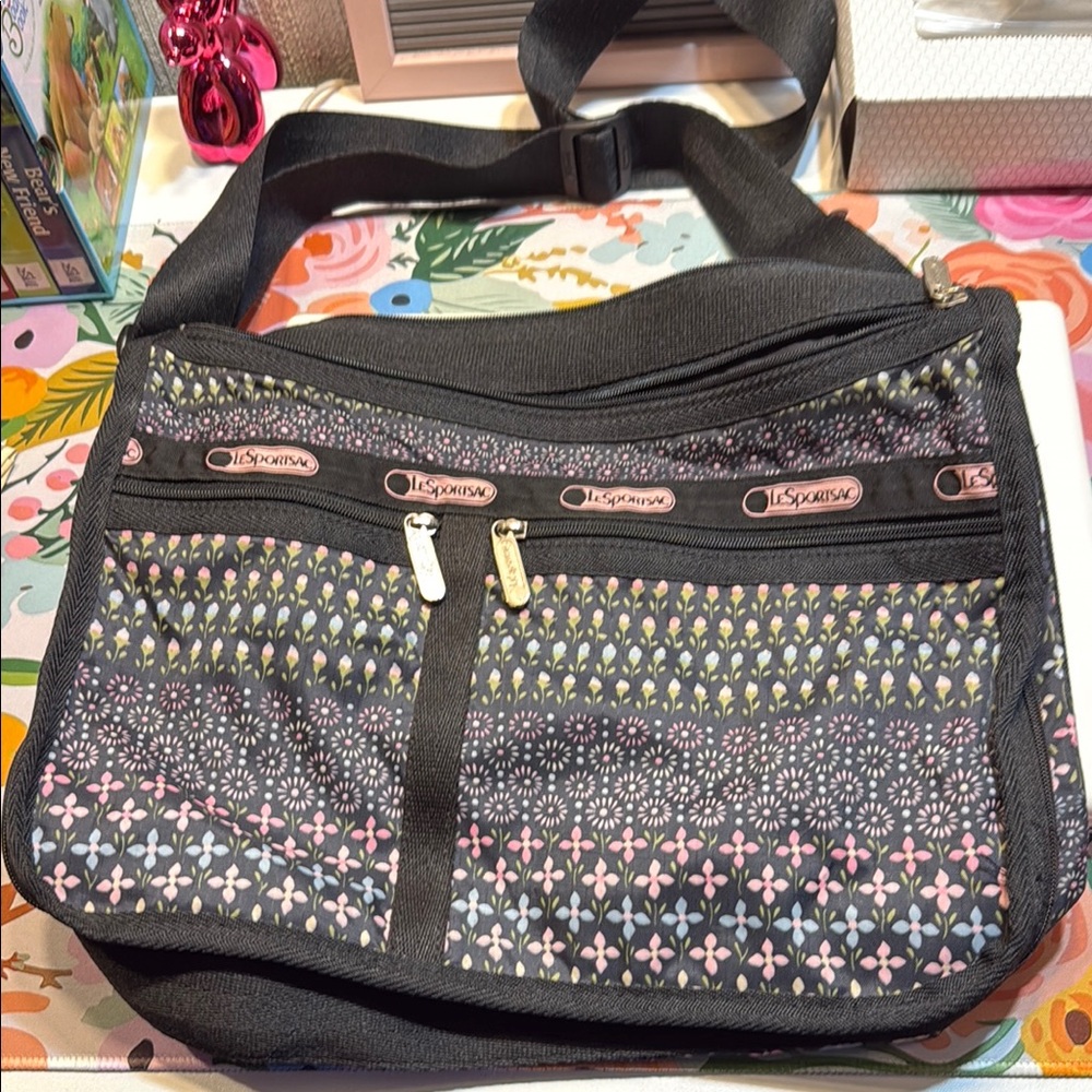 LeSportsac Black and Pink Patterned Crossbody Bag